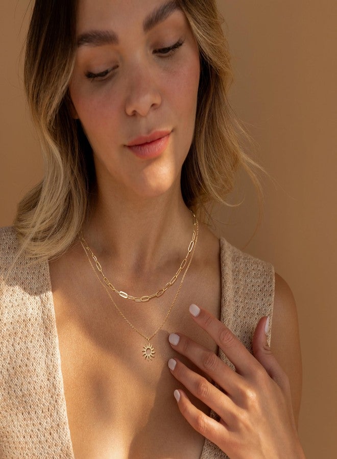MFRYK Gold Necklaces Stack, 14K Gold Plated Simple Layered Choker Necklaces, Gold Stackable Multilayer Sun Pendant Cable Chain Paperclip Chain Layering Necklaces Set - Image 2